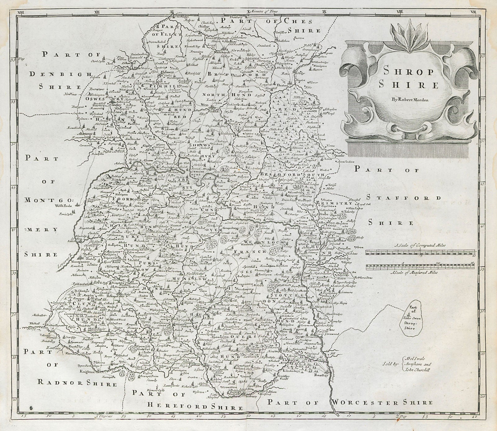 Shropshire. 'SHROP SHIRE' by ROBERT MORDEN from Camden's Britannia 1722 map